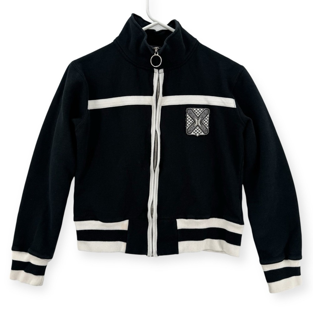 Hurley‎ Logo Jacket Womens Medium Black White Full Zip Striped Trim Spell Out